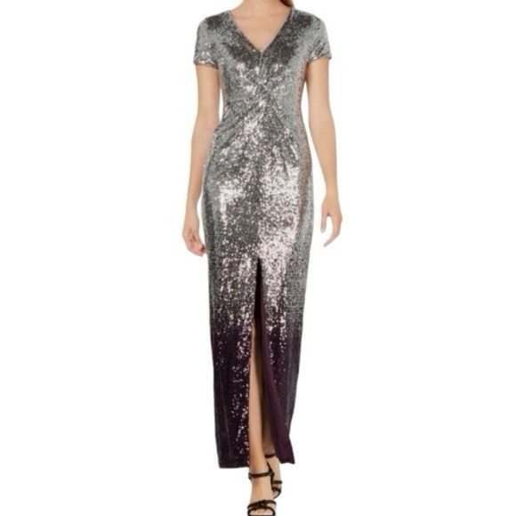 Calvin Klein Sequined Ombre Maxi Dress Silver Purple V-Neck Ball Gown Size 8 - Picture 1 of 8